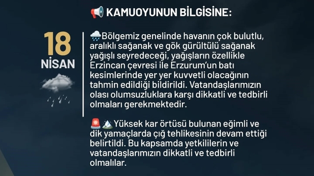 Erzurum Valiliğinden kuvvetli yağış uyarısı