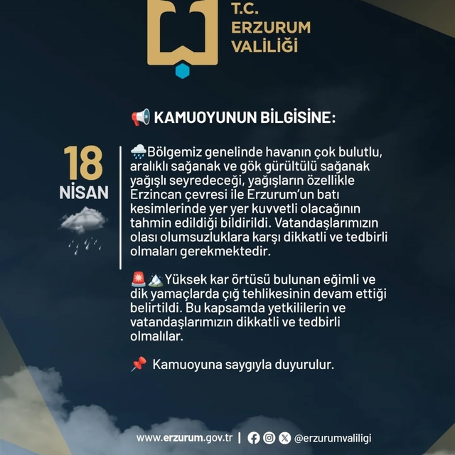 Erzurum Valiliğinden kuvvetli yağış uyarısı
