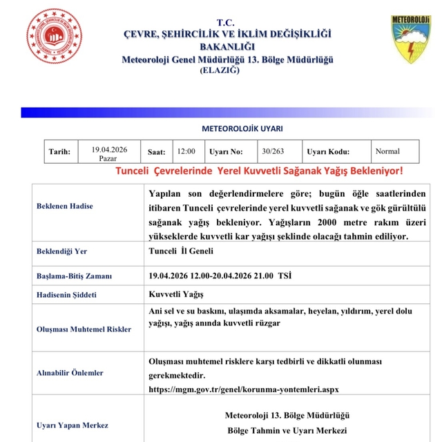 Meteorolojiden Tunceli için sağanak yağış uyarısı