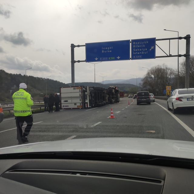 Bilecik'te kontrolden çıkan tır devrildi