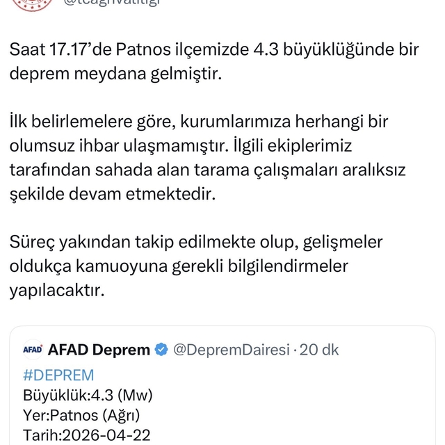 Ağrı'da 4,3 büyüklüğünde deprem