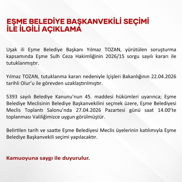 Eşme Belediye Başkanvekili 27 Nisan'da belirlenecek