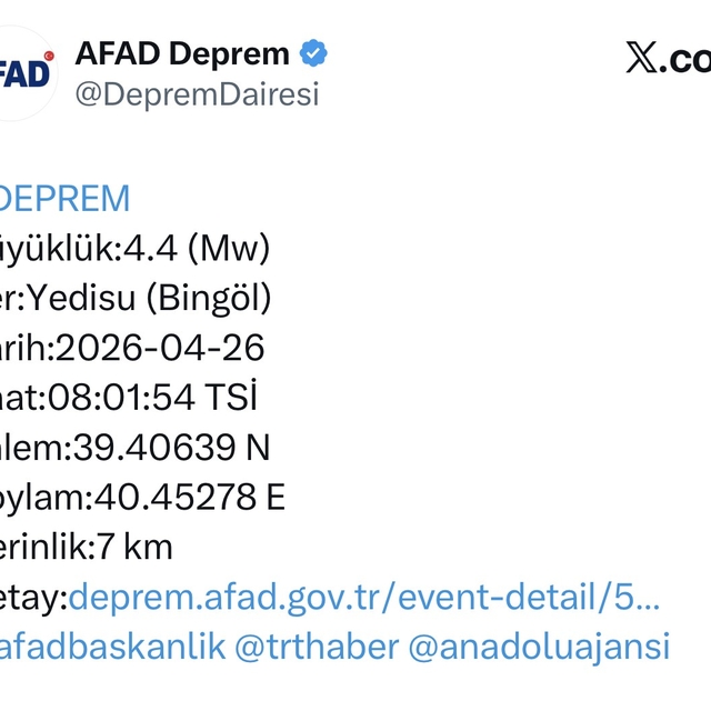 Bingöl'de 4.4 büyüklüğünde deprem