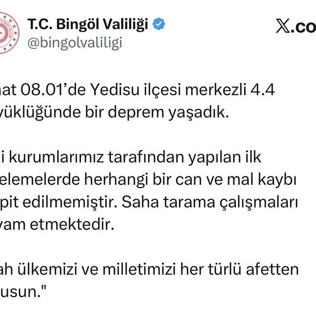 Bingöl Valiliği: "Saha tarama çalışmaları devam etmektedir"