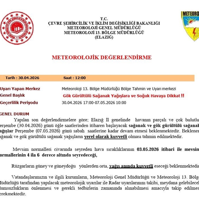 Elazığ için kuvvetli yağış uyarısı