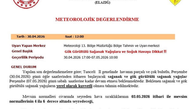 Tunceli için sağanak yağış uyarısı