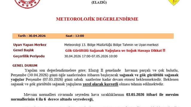 Elazığ için kuvvetli yağış uyarısı