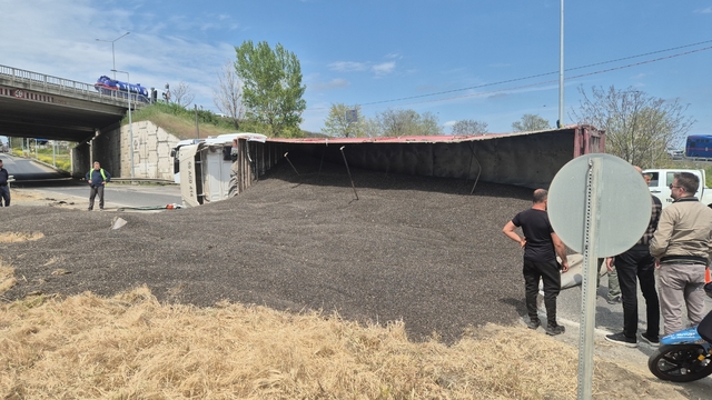 Tekirdağ'da ayçiçeği çekirdeği yüklü tır devrildi, trafik kilitlendi