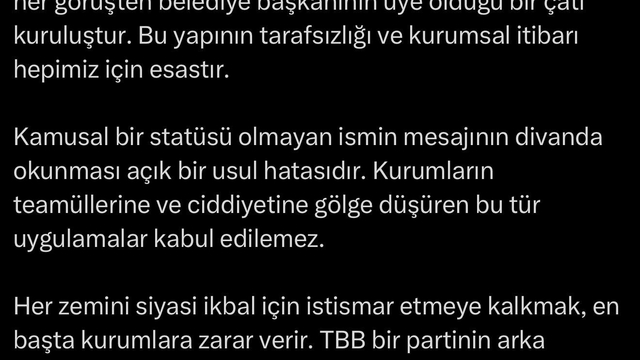 TBB'de kriz oluşturan 'mektup' gerginliği sonrasında Alemdar'dan sert eleştiri
"Kamusal bir statüsü olmayan ismin mesajını divanda okunması açık bir usul hatasıdır"