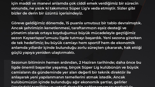 Kayserispor Başkanı Açıkalın: Kayserisporumuzun çok daha güçlü şekilde döneceğine inancımız tamdır