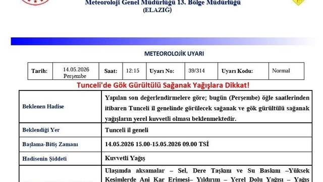 Tunceli için sağanak yağış uyarısı