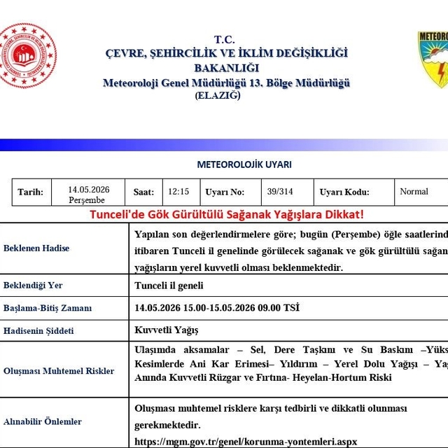 Tunceli için sağanak yağış uyarısı