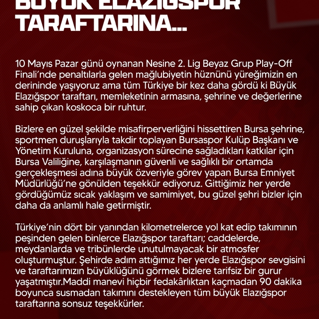 Elazığspor: "Bu büyük camia her defasında küllerinden yeniden doğmasını bil...