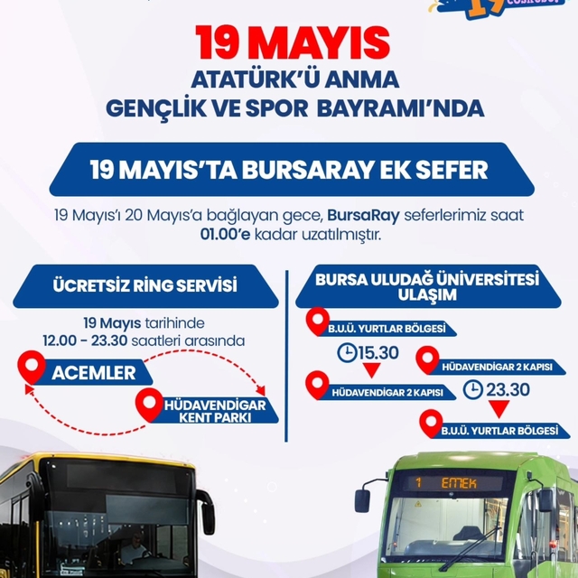 Bursa'da 19 Mayıs'ta ulaşım ücretsiz