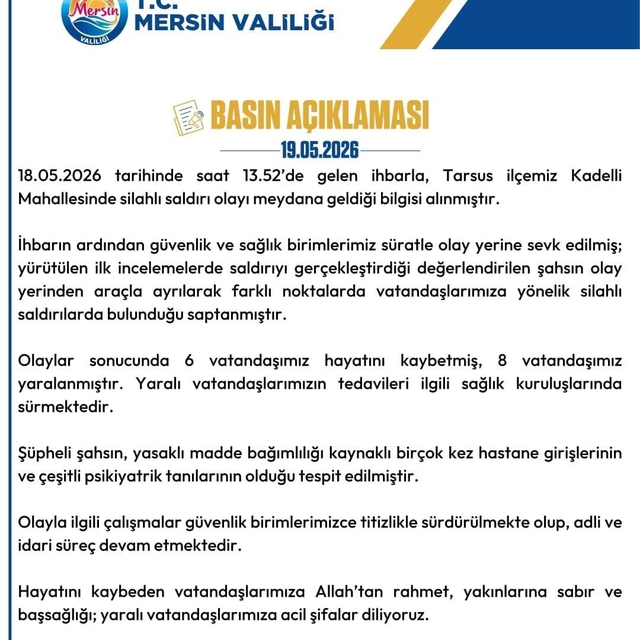 Mersin Valiliği'nden kanlı saldırı açıklaması