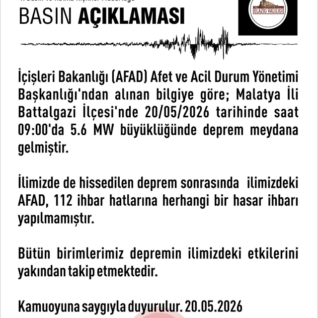 Elazığ Valiliği'nden deprem açıklaması: "Herhangi bir hasar ihbarı yok"