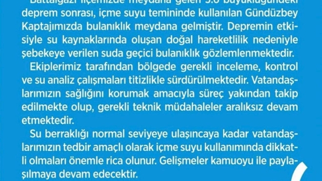 Malatya'da deprem sonrası içme suyunda bulanıklık oldu