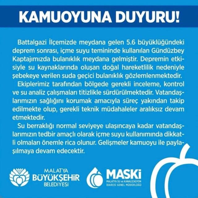 Malatya'da deprem sonrası içme suyunda bulanıklık oldu