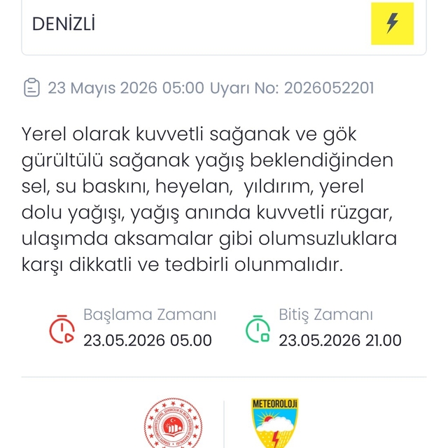 Denizli için kuvvetli sağanak ve gök gürültülü yağış uyarısı