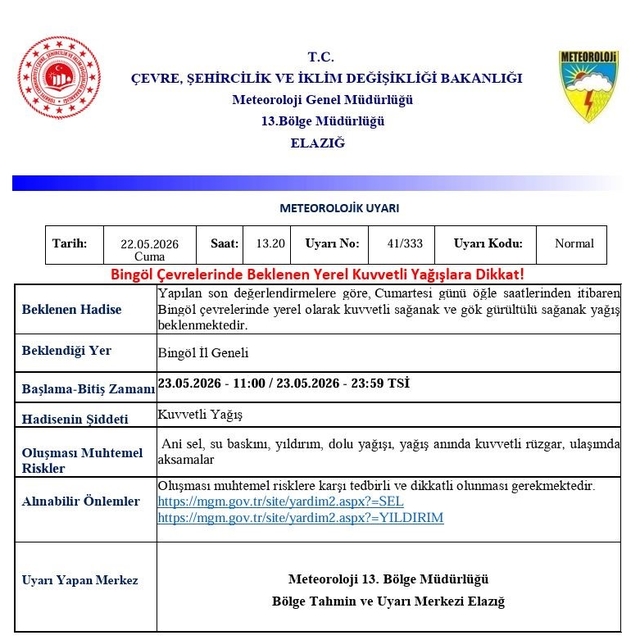 Meteorolojiden Bingöl için kuvvetli yağış uyarısı