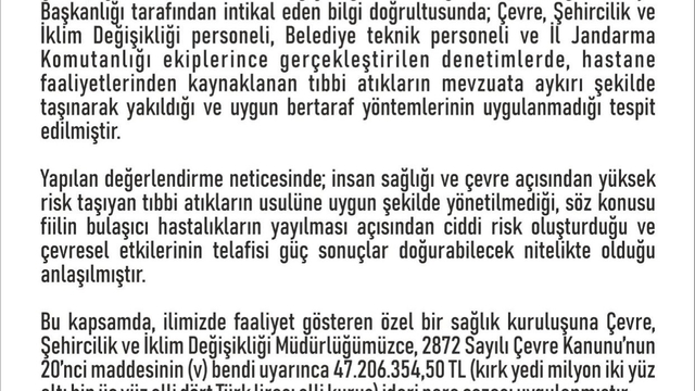 Elazığ'da özel bir hastaneye 47 milyon lira ceza kesildi