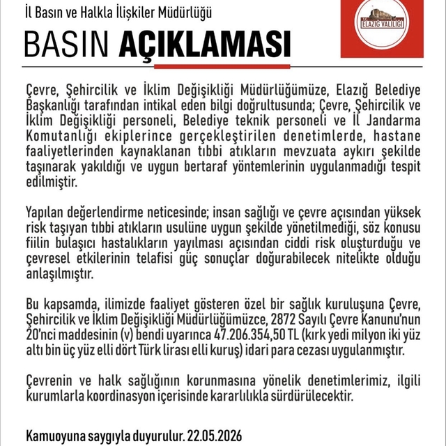 Elazığ'da özel bir hastaneye 47 milyon lira ceza kesildi
