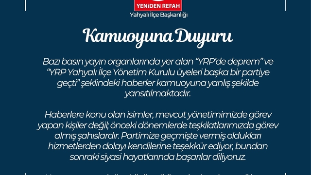YRP Kayseri İl Başkanlığı'ndan kamuoyu açıklaması