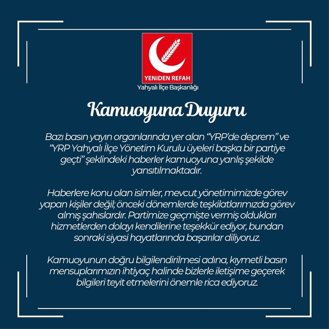 YRP Kayseri İl Başkanlığı'ndan kamuoyu açıklaması
