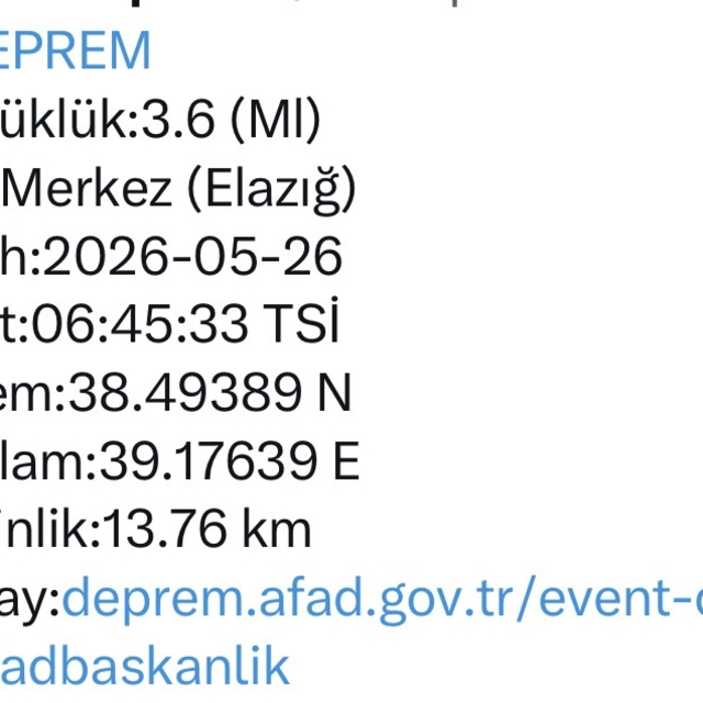 Elazığ'da 3.6 büyüklüğünde deprem