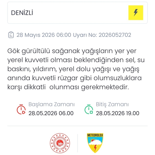 Meteoroloji Denizli için sarı kodulı uyarı verdi