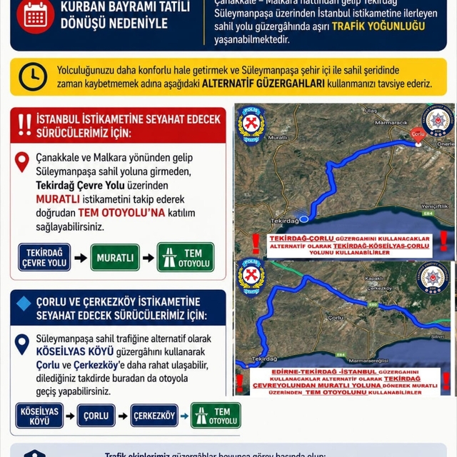 Tekirdağ Emniyet Müdürlüğü'nden bayram dönüşü trafik uyarısı