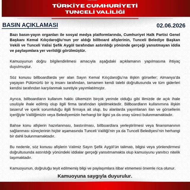 Tunceli Valiliğinden afiş açıklaması
"Afişlerin hazırlanması, bastırılması,...