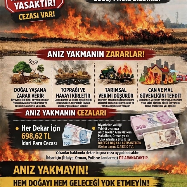 Diyarbakır'da anız yakanlara dekar başı 698 lira para cezası uygulanacak