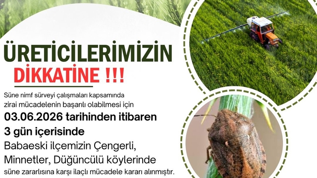 Kırklareli'nde süne zararlısına karşı ilaçlama uyarısı
