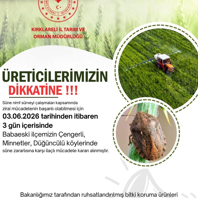 Kırklareli'nde süne zararlısına karşı ilaçlama uyarısı
