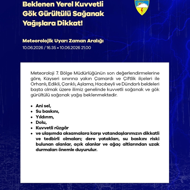 Niğde için kuvvetli yağış uyarısı