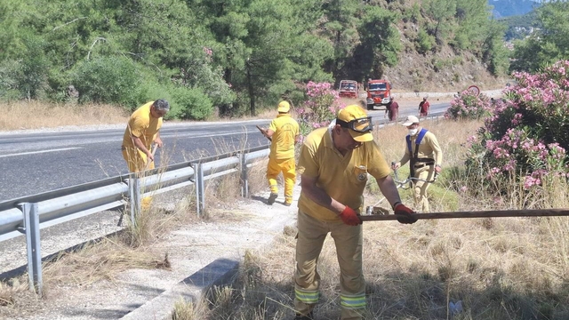 Marmaris'te orman yangınlarına karşı yol kenarlarında yoğun mesai