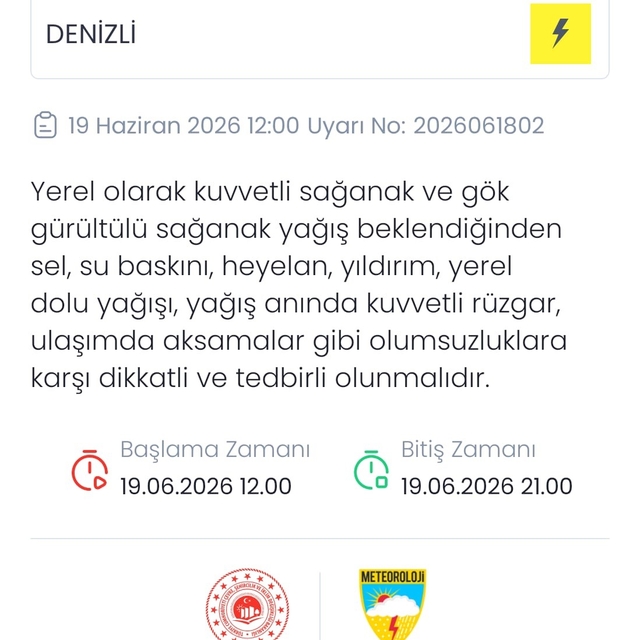 Meteoroloji Denizli için yerel kuvvetli sağanak ve dolu uyarısı yaptı