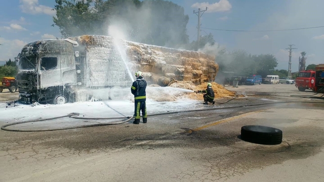 Sarayköy'de saman yüklü tır alev alev yandı