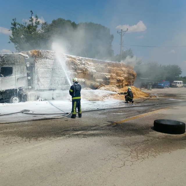 Sarayköy'de saman yüklü tır alev alev yandı