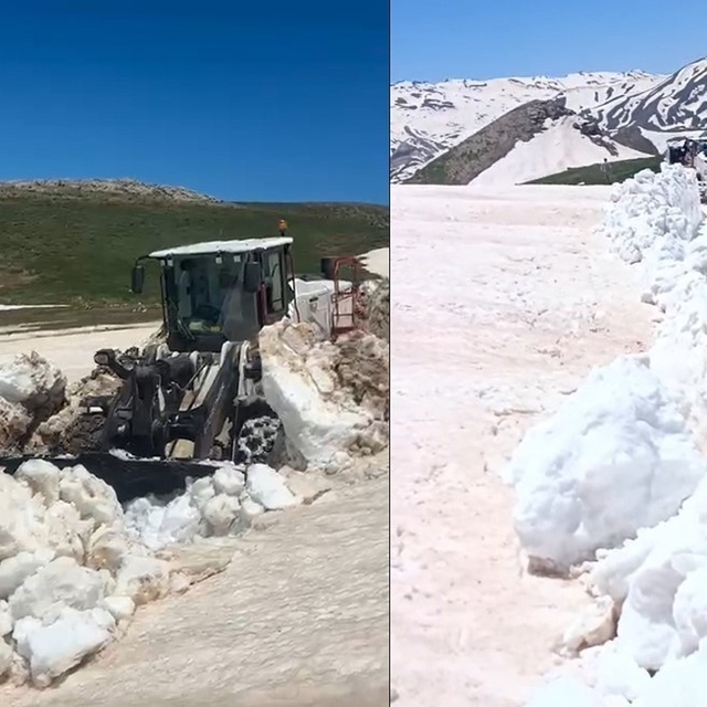Hakkari'de yaz günü 3 metreyi bulan karda yol açma çalışması