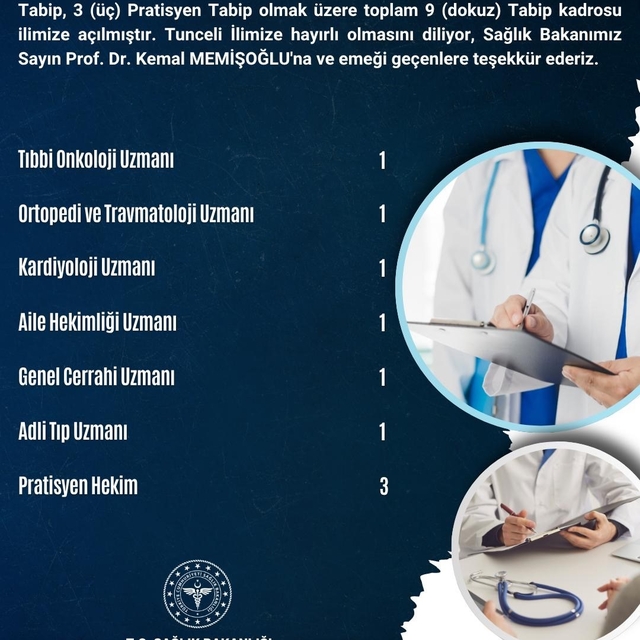 Tunceli'ye 9 hekim kadrosu tahsis edildi