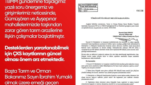 Baki Ersoy müjdeyi verdi: "Hayırlı olsun Develim"
Ersoy'un soru önergesinin ardından Develi'de taşkından zarar gören tarım arazileriyle ilgili çalışma başlatıldı