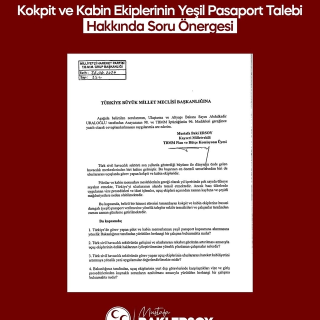 MHP'li Ersoy, kokpit ve kabin ekiplerinin yeşil pasaport talebini TBMM günd...