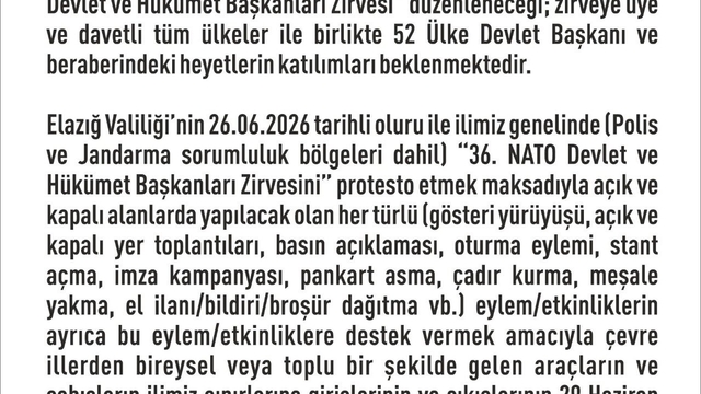 Elazığ'da 14 günlük eylem yasağı