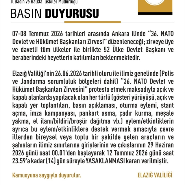 Elazığ'da 14 günlük eylem yasağı