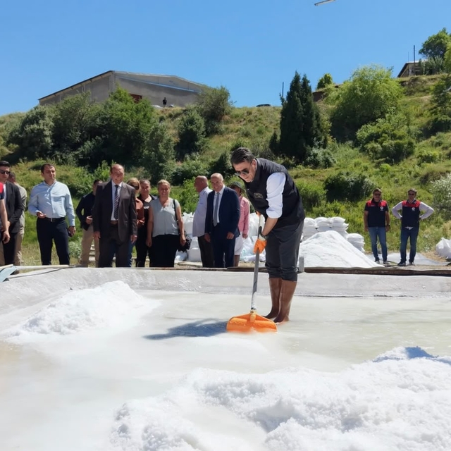 Vali Aygöl, tescilli Pülümür tuzunun üretimine kürek sallayarak eşlik etti