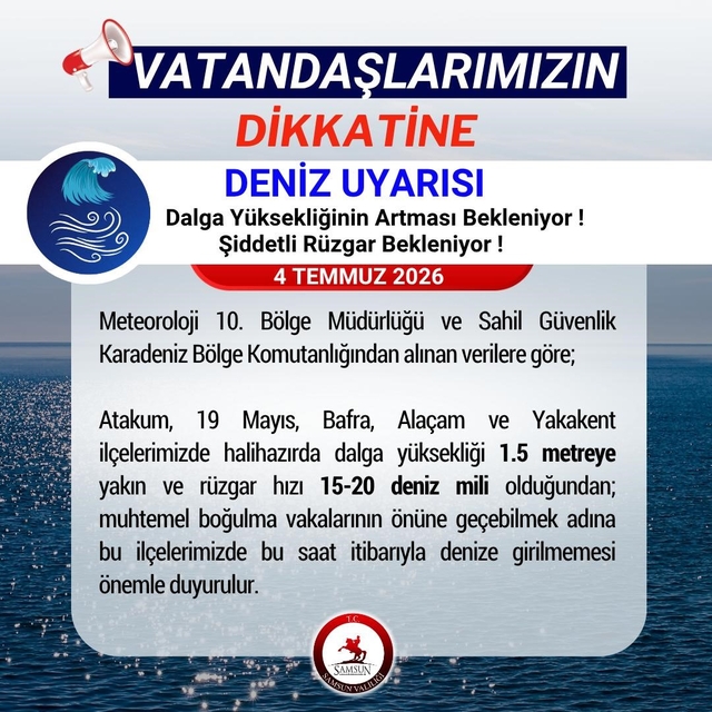 Samsun Valiliği'nden 'denize girilmemesi' uyarısı