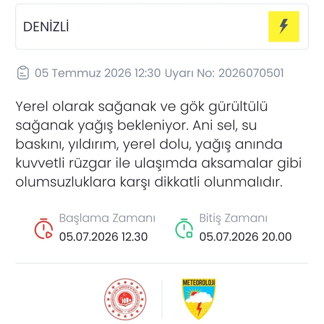 Denizli için kuvvetli yağış ve sel uyarısı