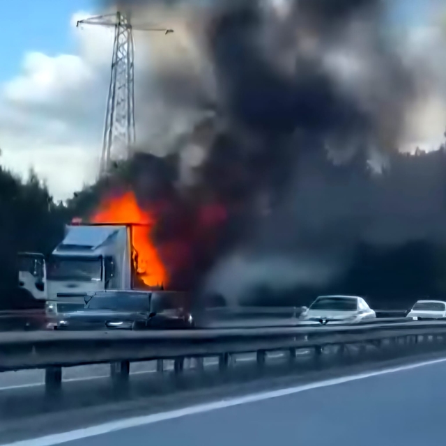 Otoyolda kargo kamyonu alev alev yandı